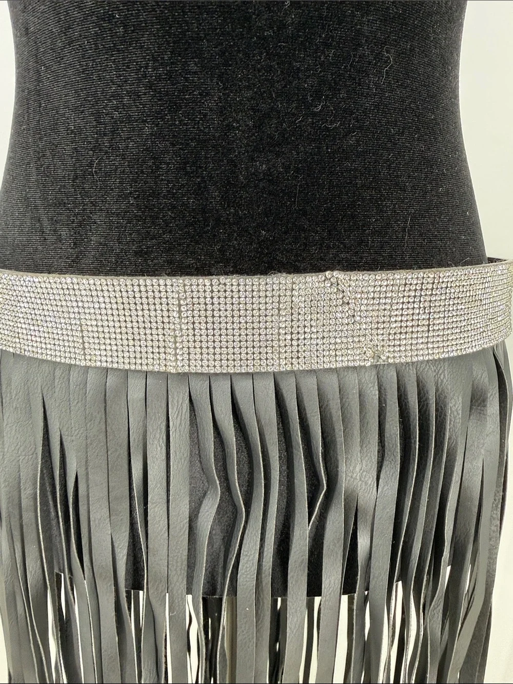 Faux Leather Fringe Belt with Rhinestone Waistband - Black